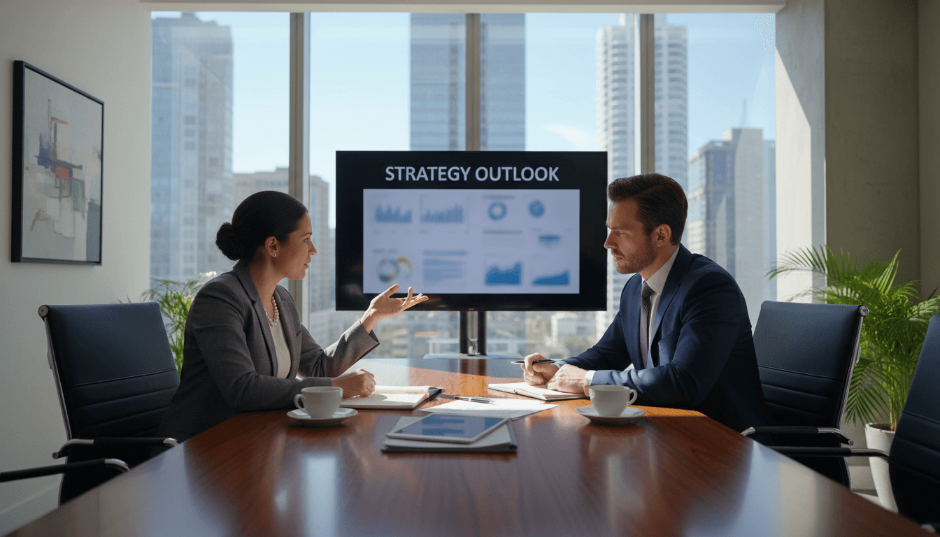 Professional consultant advising an executive during a formal office conversation