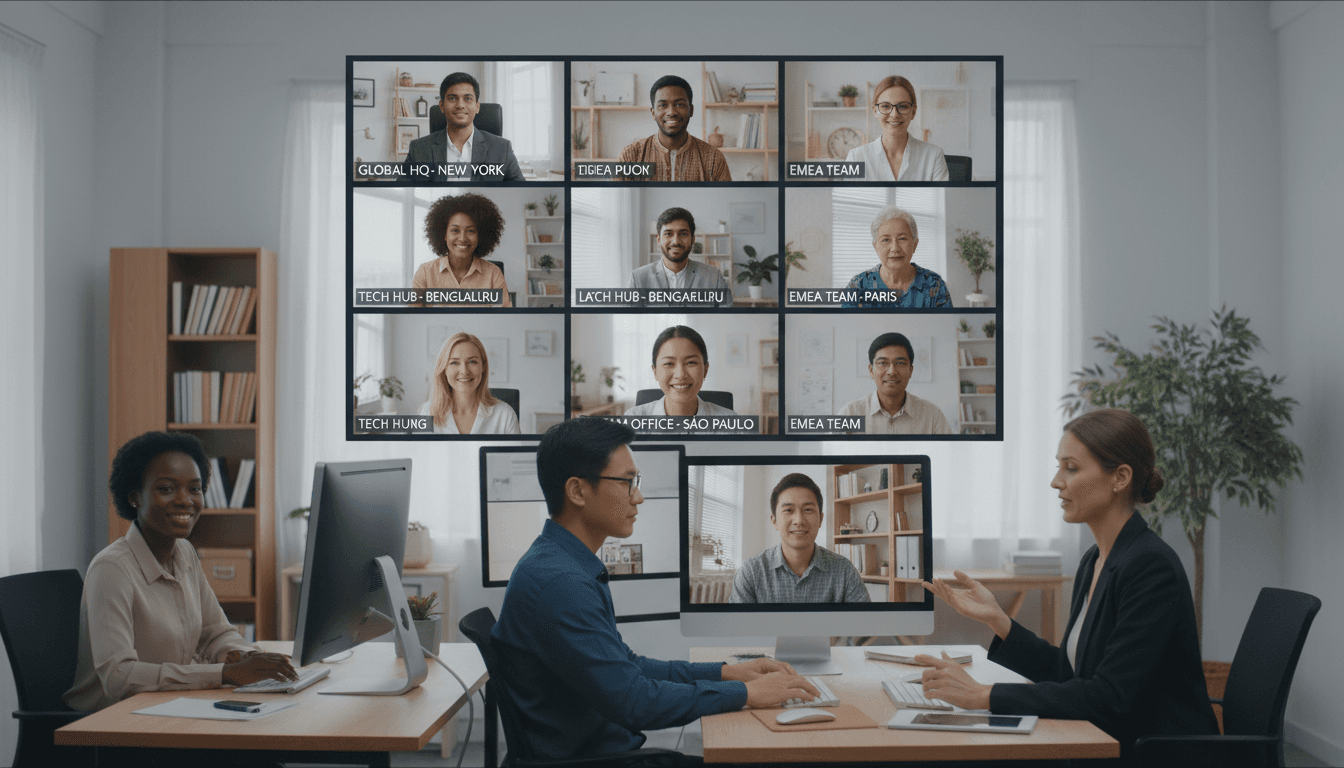 Diverse team on a video conference call with multiple screens showing international colleagues