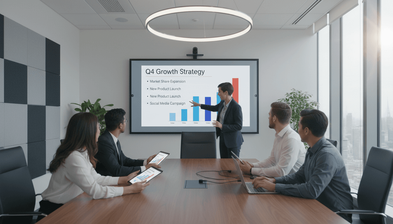 Marketing team using digital screens and tablets in a modern conference room