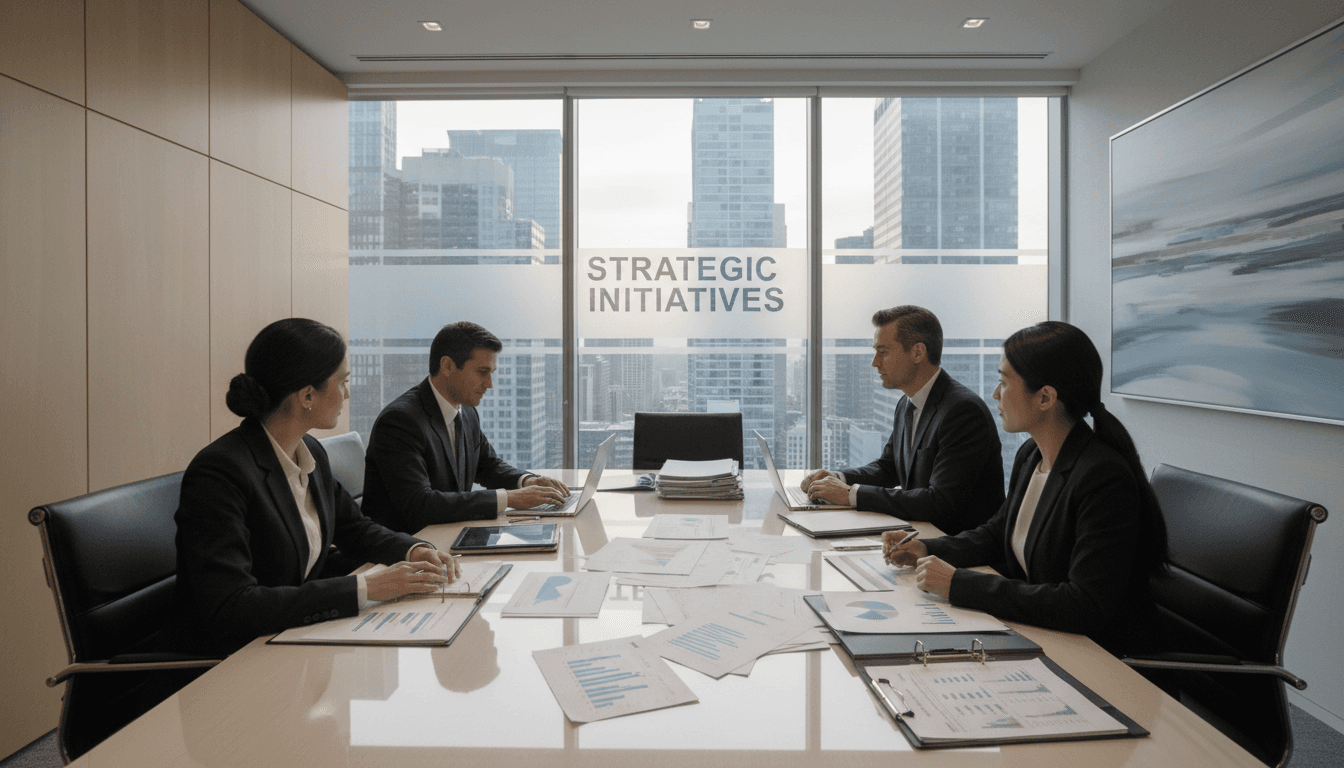 Business professionals in a strategy meeting reviewing documents in a modern office