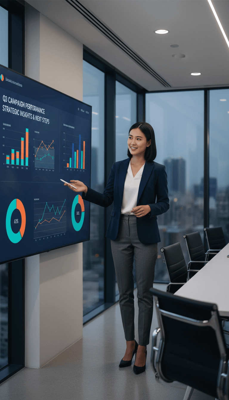 Professional woman presenting a strategy map to colleagues in a bright boardroom