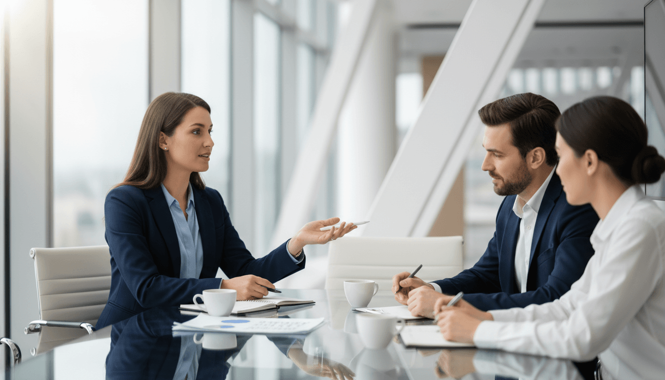 Confident business consultant explaining a point during a one-on-one meeting with a client