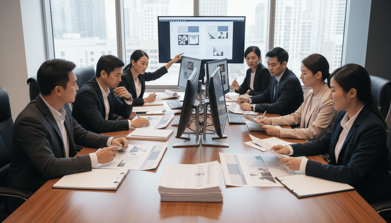 Business meeting with journalists around a table in a modern office