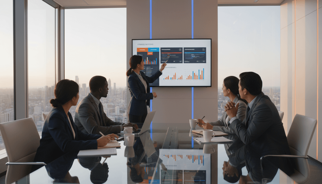 Professional crisis management team in a serious strategy meeting in a boardroom