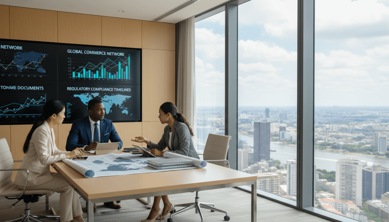 Executives meeting around a table with a world map in a modern boardroom