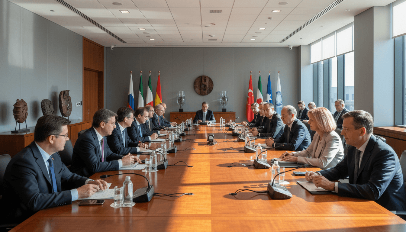 Government officials in a formal meeting room with flags