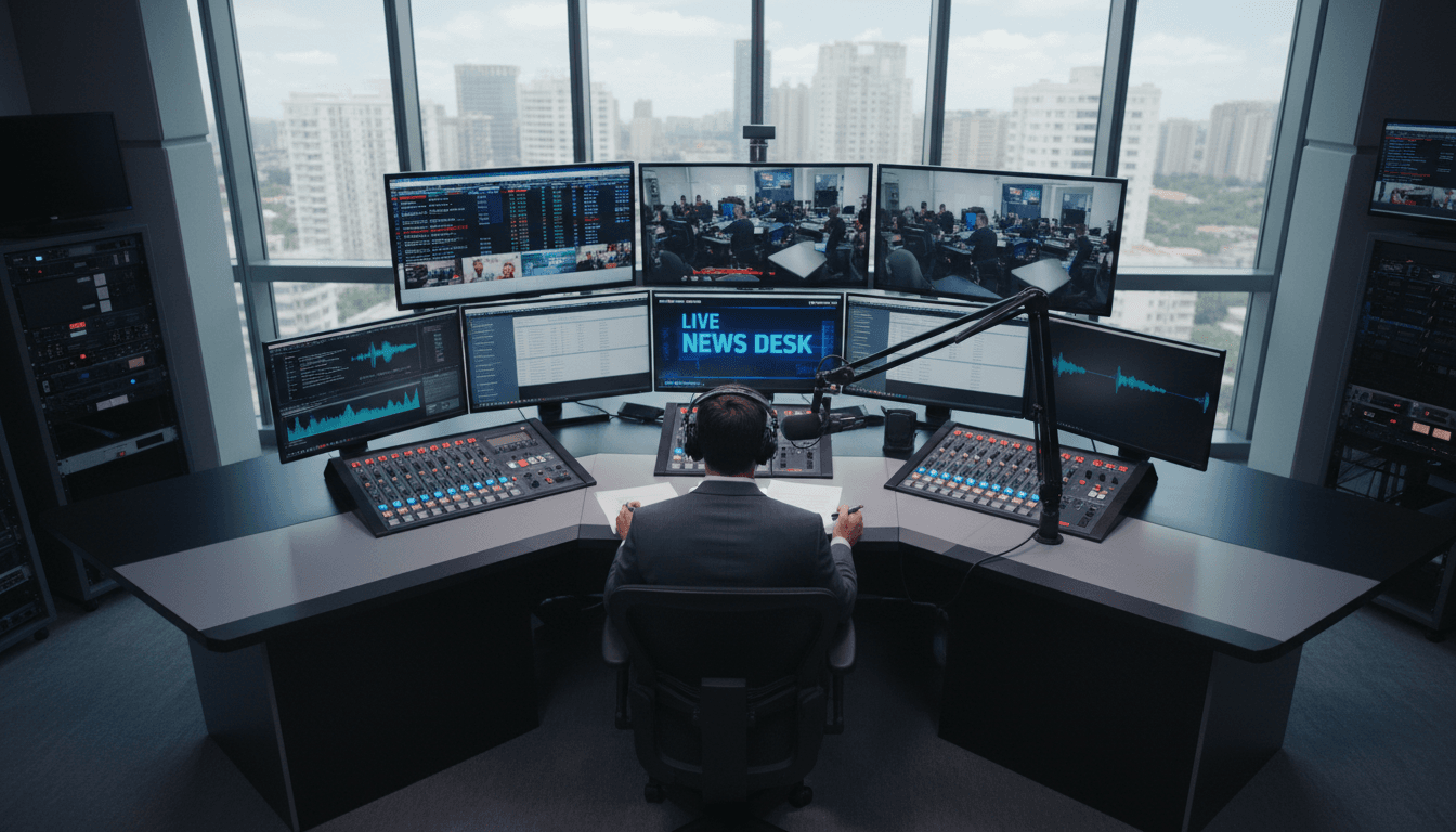 Journalists preparing a broadcast in a professional news studio