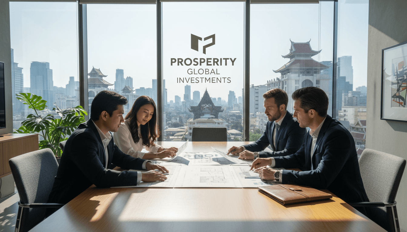 Business leaders in a meeting with a Pacific city skyline visible through the window