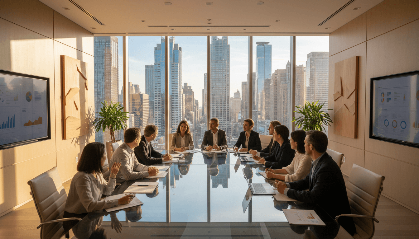 Professional business meeting in modern boardroom with world map in background