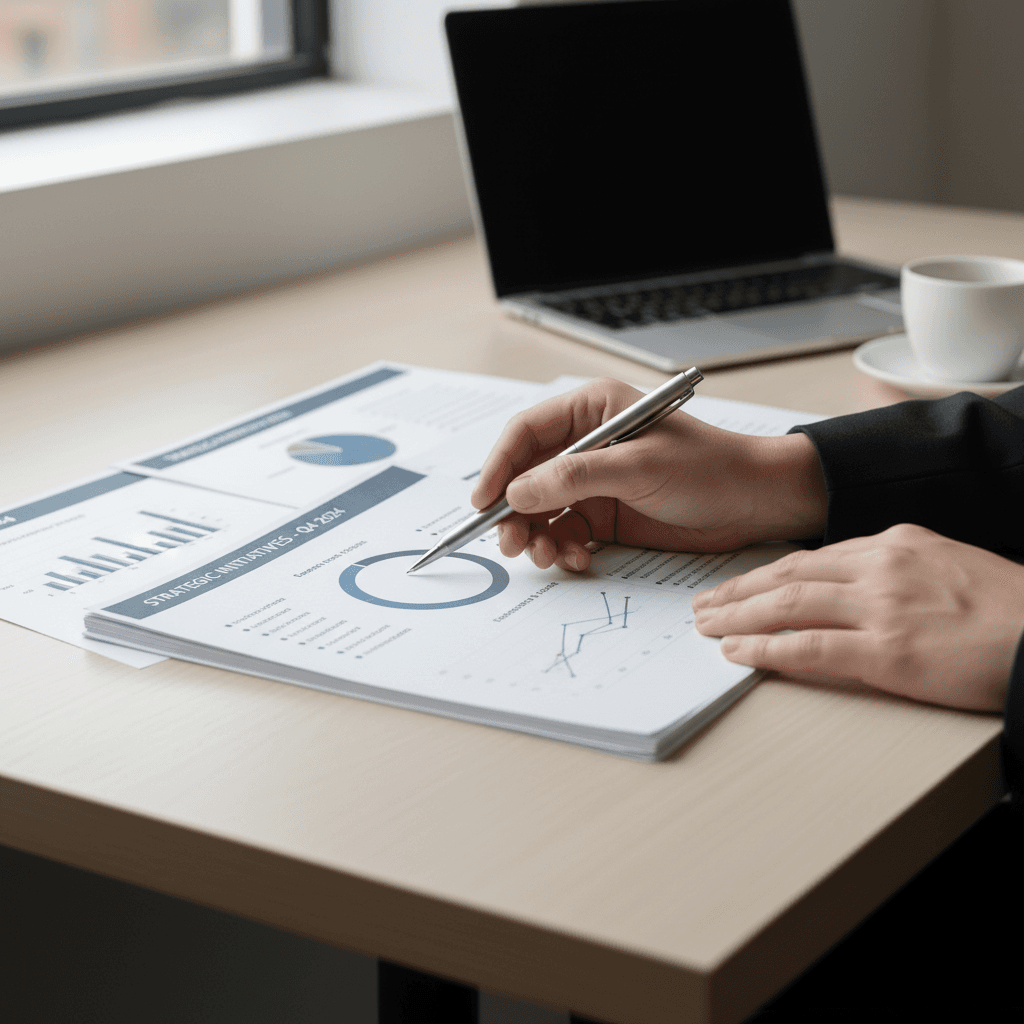 Professional reviewing strategic documents and charts at a modern desk