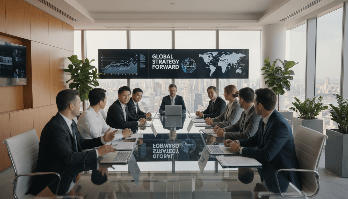 Business professionals shaking hands in a modern boardroom with a view of the city