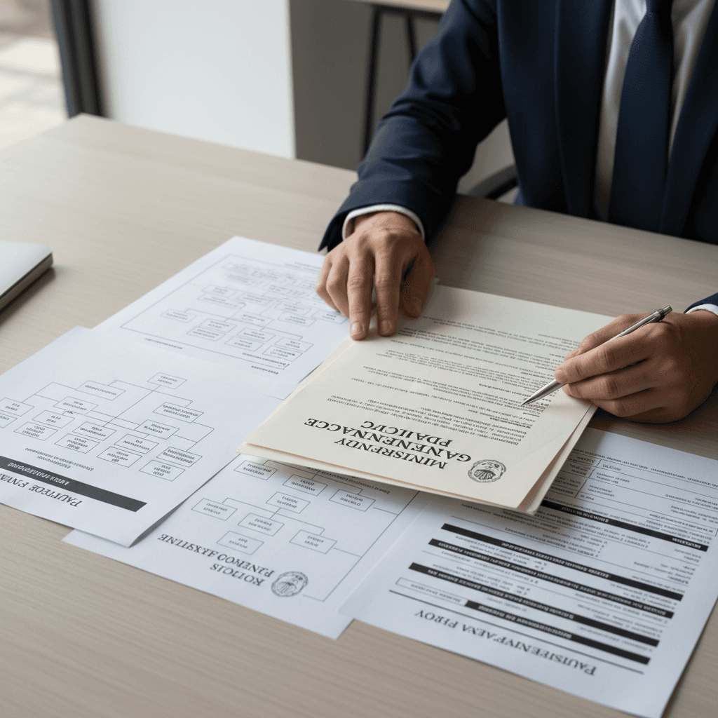 Government officials reviewing policy documents in a modern office
