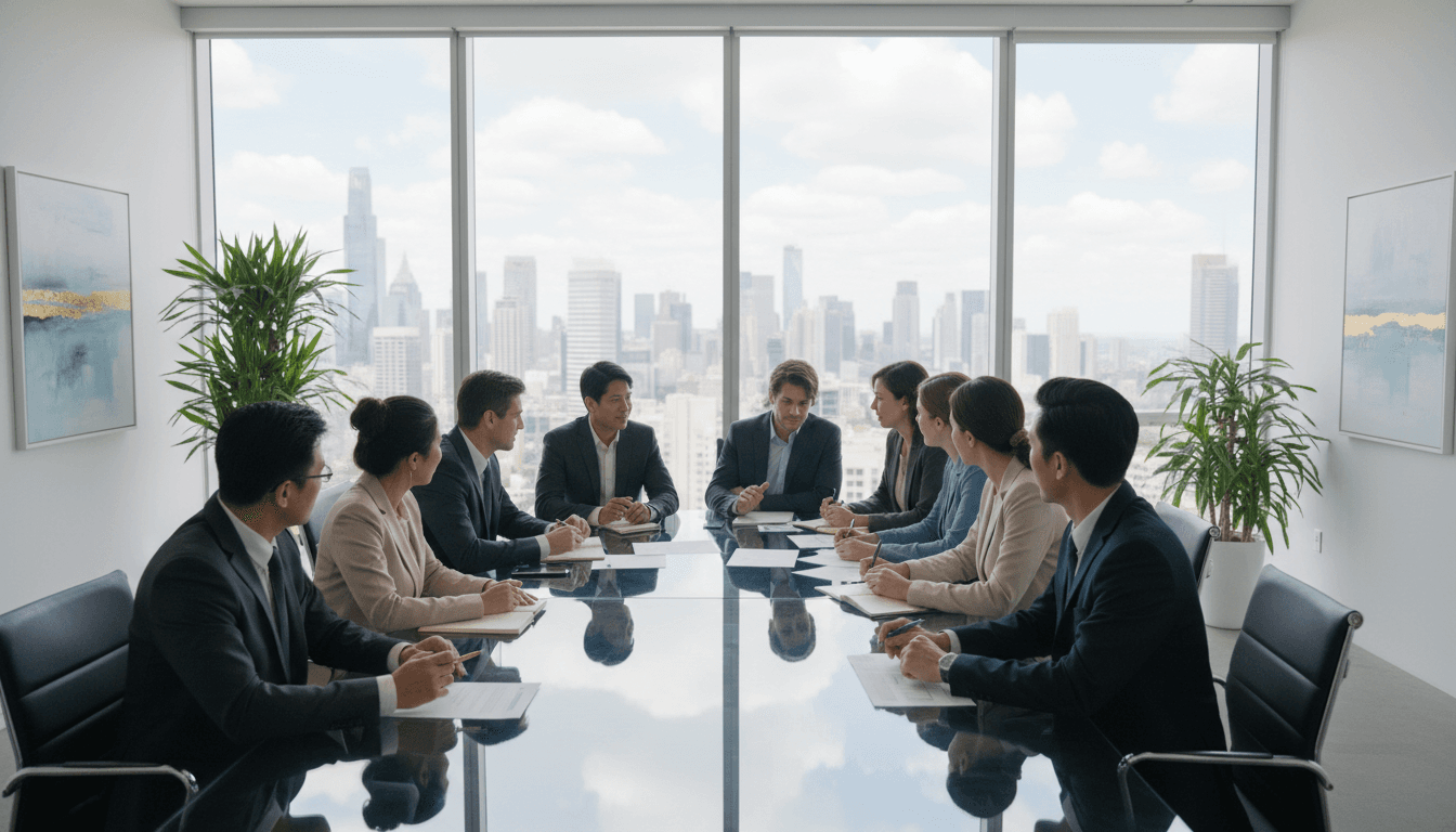 Business leaders in discussion at an international conference