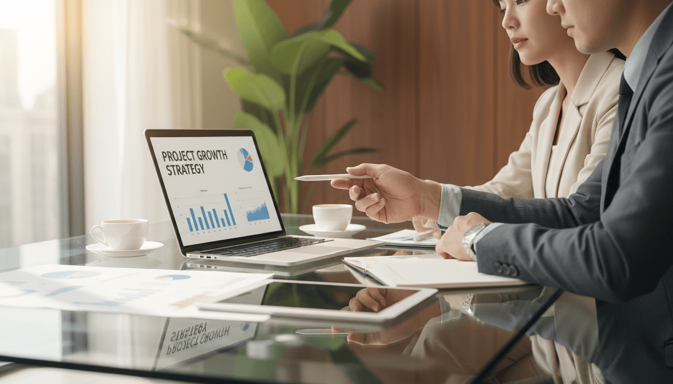 Business professionals reviewing strategy documents at a conference table