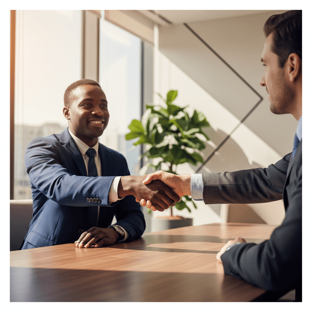 Two professionals shaking hands in a corporate office setting