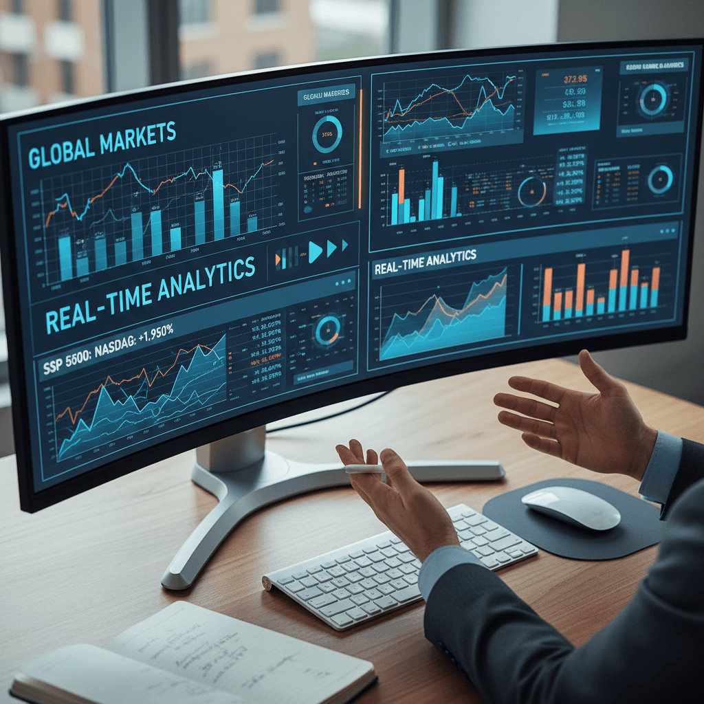 Financial analysts monitoring market data screens in a modern office