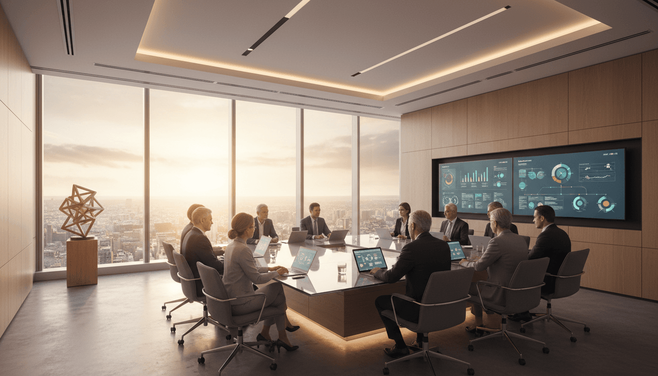 Professional business leaders in a boardroom overlooking the Pacific horizon