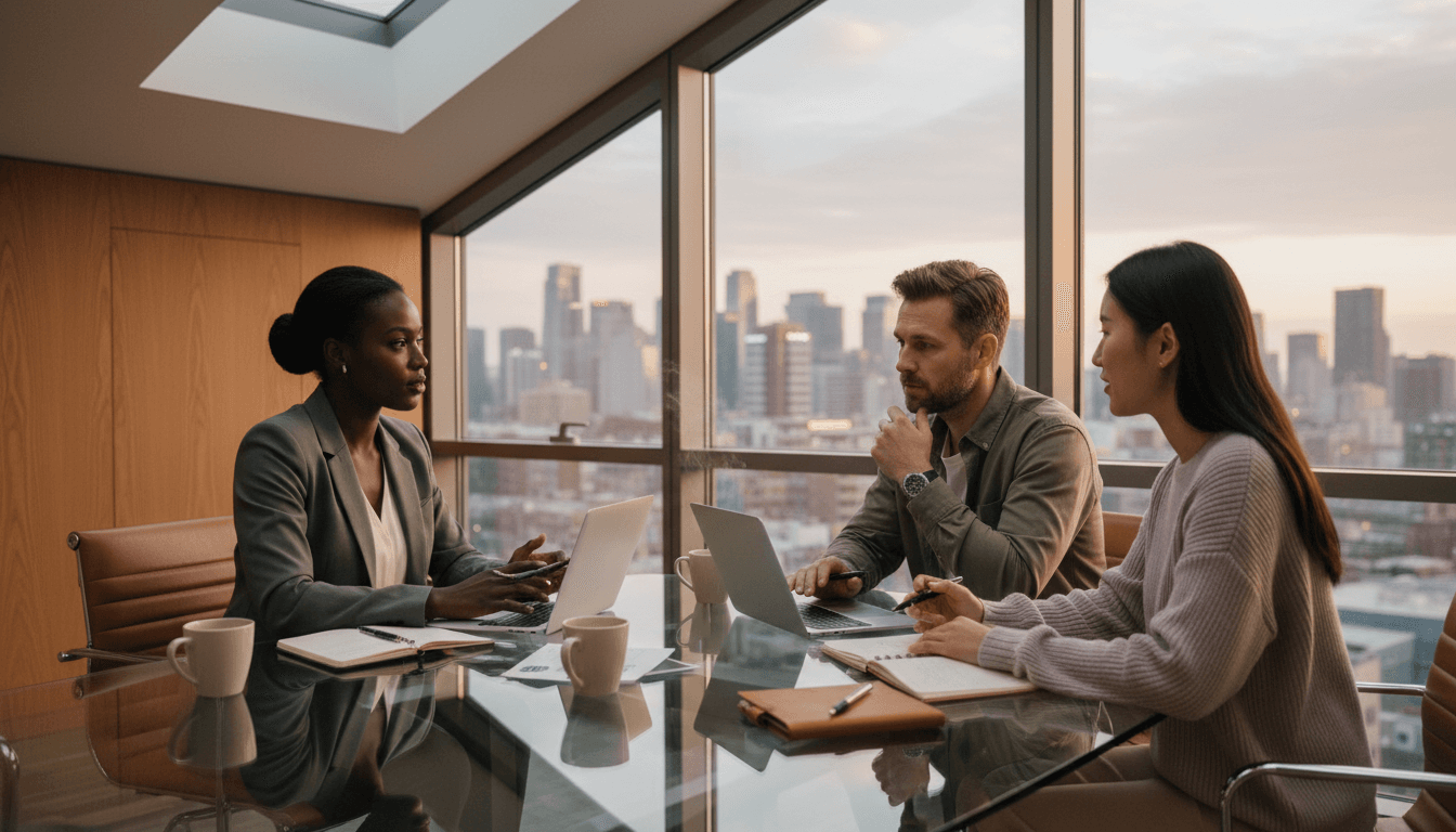 Business executives in a strategic meeting overlooking a modern city skyline